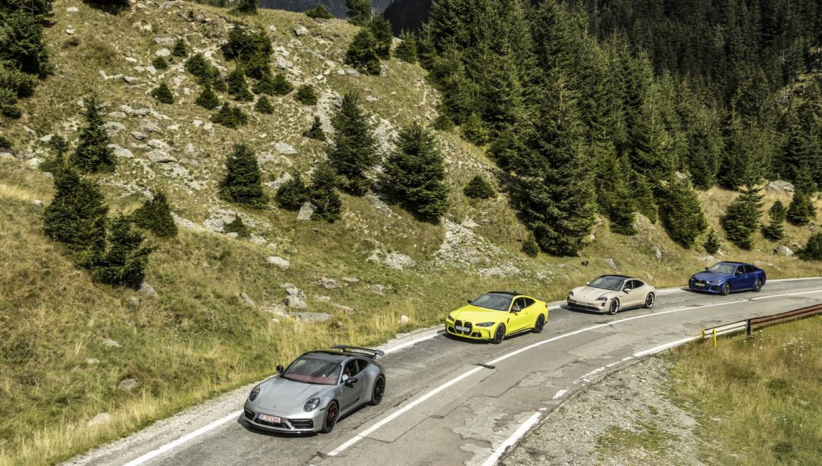 test comparativ BMW i4 M50, BMW M4 Competition, Porsche 911 GTS, Porsche Taycan GTS