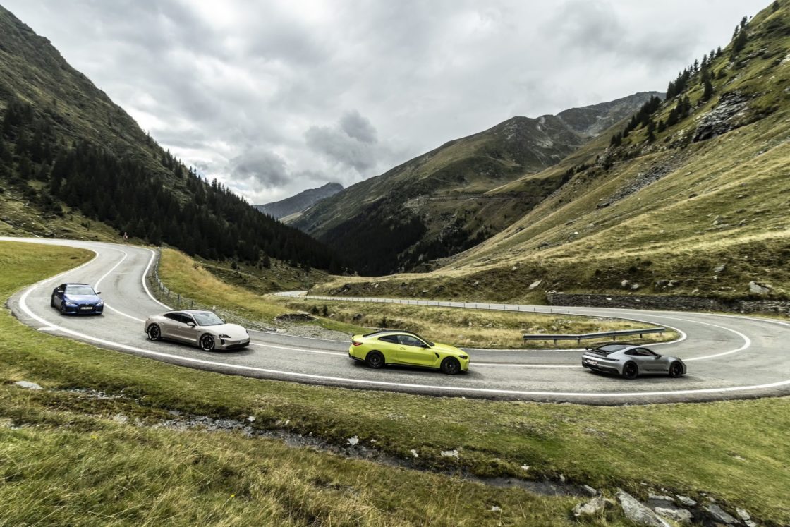 test comparativ BMW i4 M50, BMW M4 Competition, Porsche 911 GTS, Porsche Taycan GTS